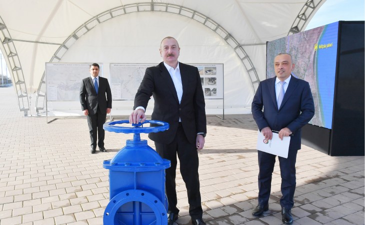 Президент Ильхам Алиев принял участие в церемонии ввода в эксплуатацию систем снабжения питьевой водой города Нефтчала