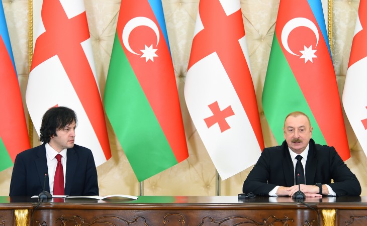 Президент Ильхам Алиев и премьер-министр Грузии Ираклий Кобахидзе выступили с заявлениями для прессы 