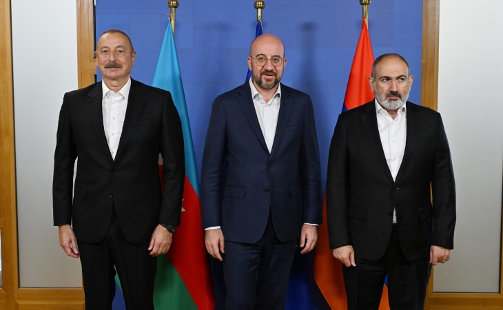President Ilham Aliyev`s trilateral meeting with President of European Council and Prime Minister of Armenia started in Brussels