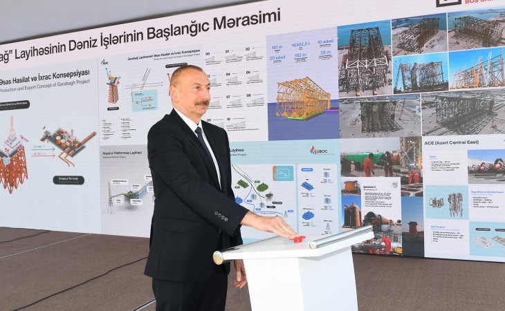 Prezident İlham Əliyev “Qarabağ” yatağının dayaq blokunun dənizə yola salınması mərasimində iştirak edib