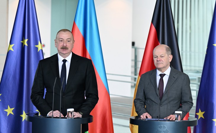 President of Azerbaijan Ilham Aliyev and Chancellor of Germany Olaf Scholz are making press statements
