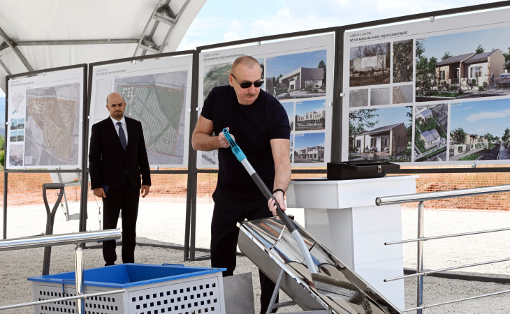 Prezident İlham Əliyev Cəbrayıl rayonunun Böyük Mərcanlı kəndinin təməlini qoyub 
