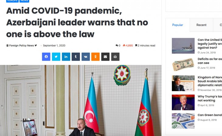 Американское издание Foreign Policy News: На фоне пандемии COVID-19 азербайджанский лидер предупреждает, что никто не может быть выше закона