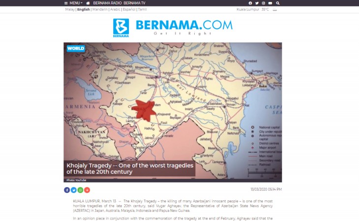 Bernama agency publishes AZERTAC special correspondent’s interview on Khojaly genocide