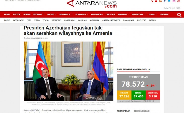 ANTARA agentliyi: Azərbaycan Prezidenti Ermənistanı sərhəddə qarşıdurma yaratmaqda ittiham edir