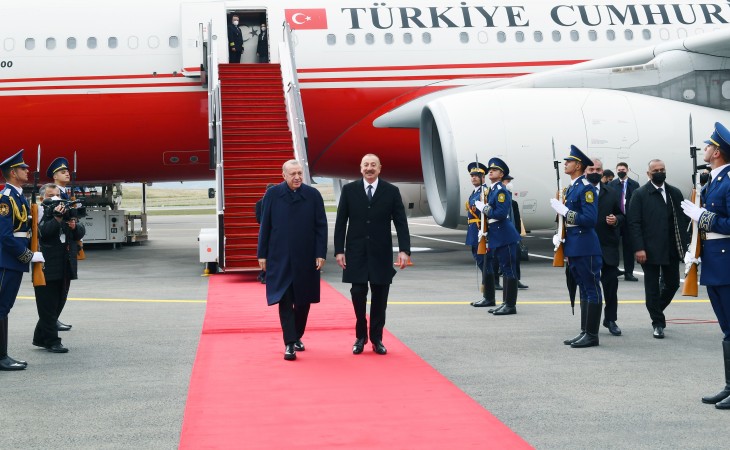 Turkish President Recep Tayyip Erdogan arrived in Azerbaijan for official visit First official welcome ceremony was held at Fuzuli International Airport