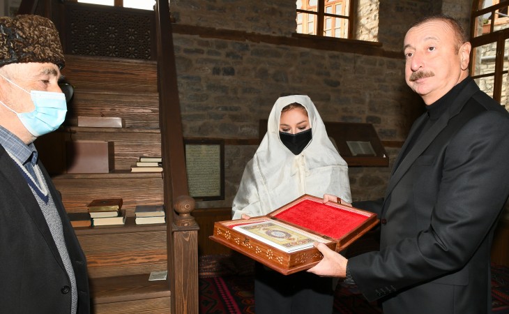 President Ilham Aliyev and First Lady Mehriban Aliyeva viewed restoration and repair work carried out at Badoyun Mosque, Lahij