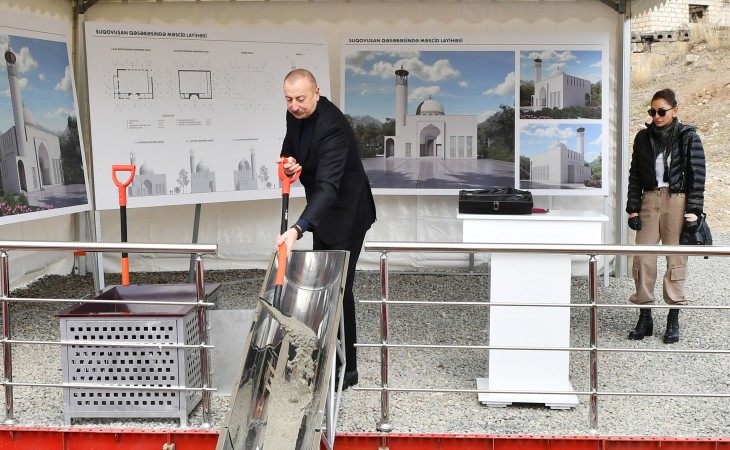 President Ilham Aliyev and First Lady Mehriban Aliyeva laid foundation stone for two-storey new mosque in Sugovushan