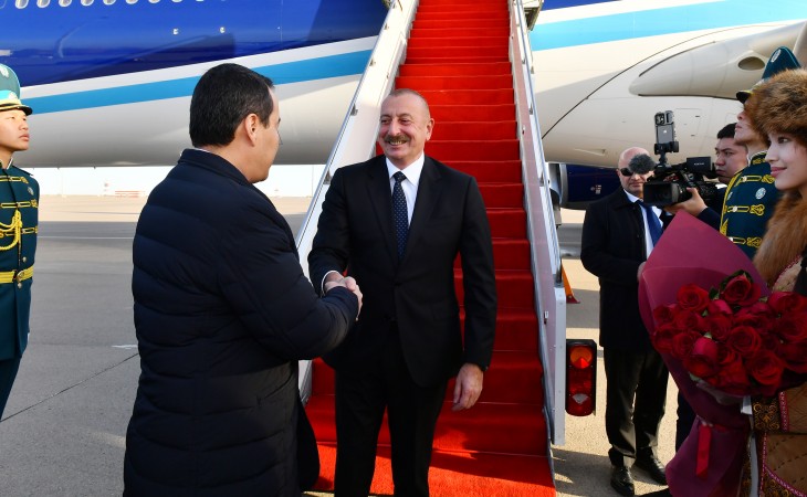 President Ilham Aliyev arrived in Kazakhstan for working visit